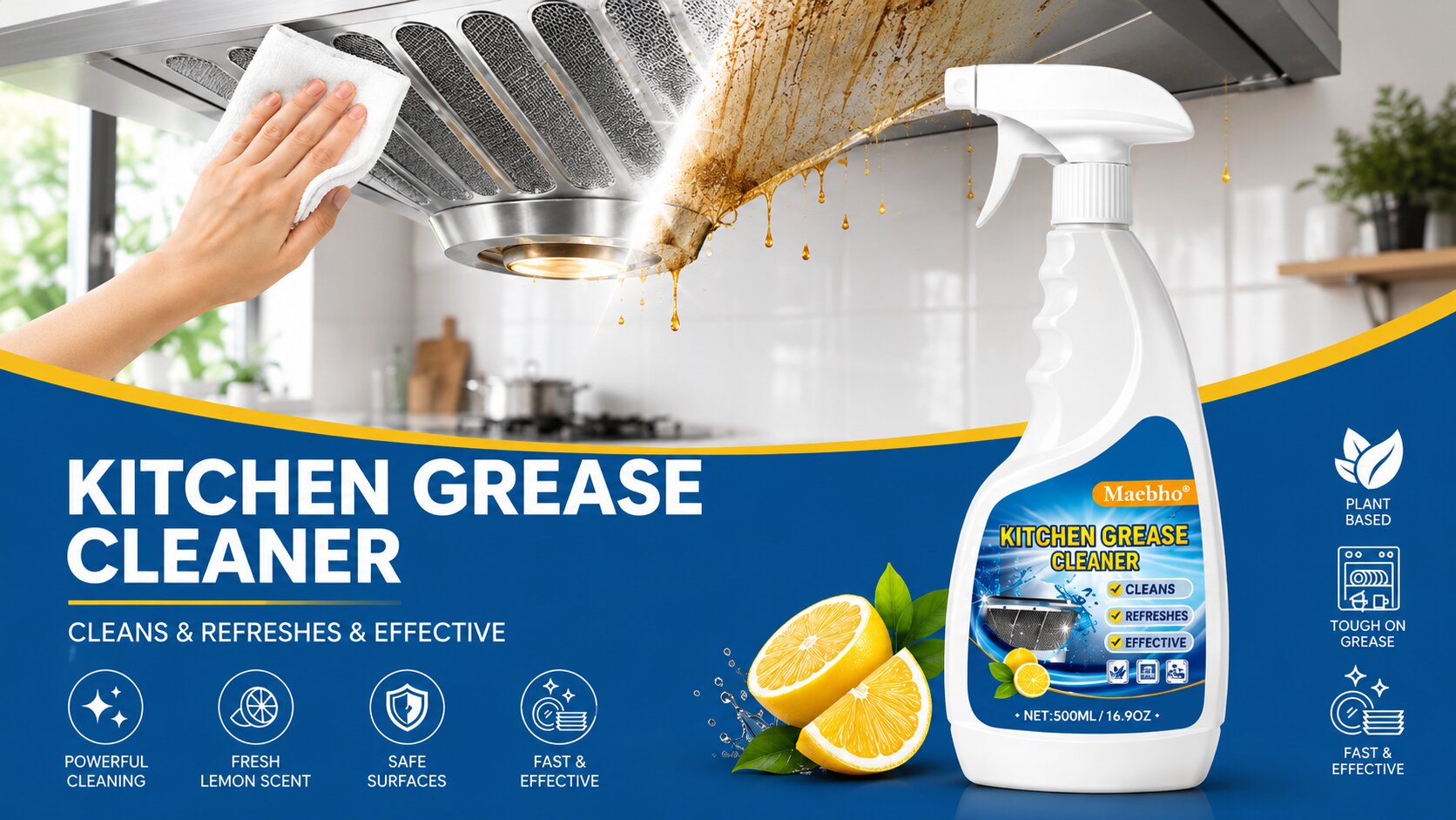 Kitchen degreaser safety guide – spray cleaning grease from a stainless steel range hood