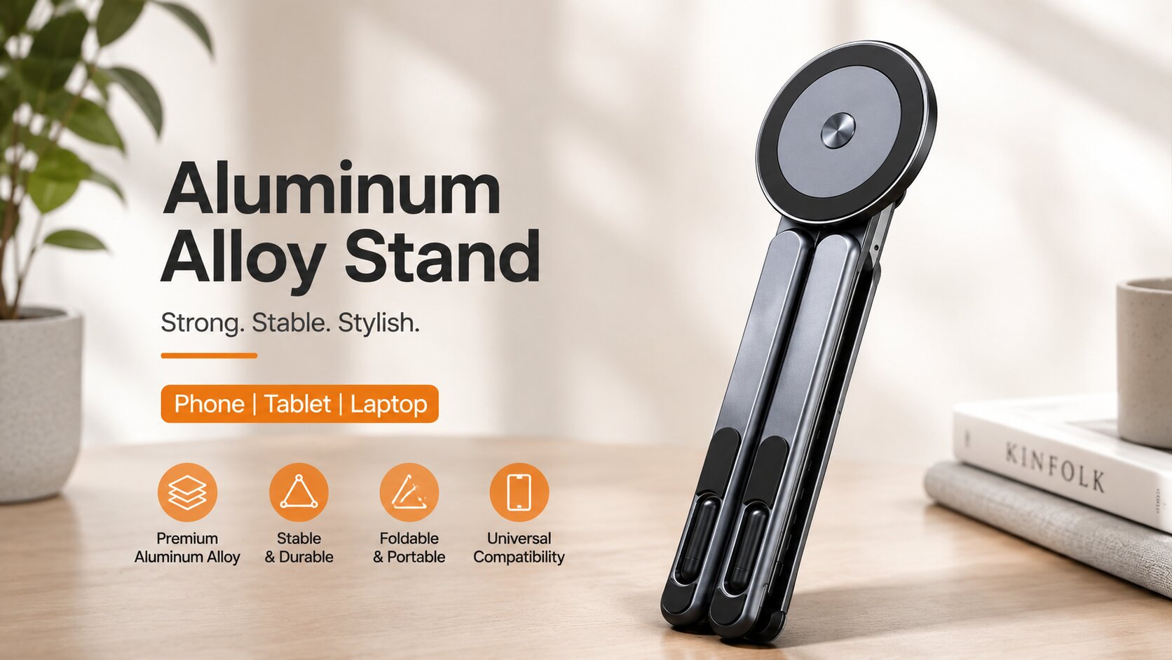 Magnetic phone holder buying guide – dark grey aluminium stand holding a smartphone