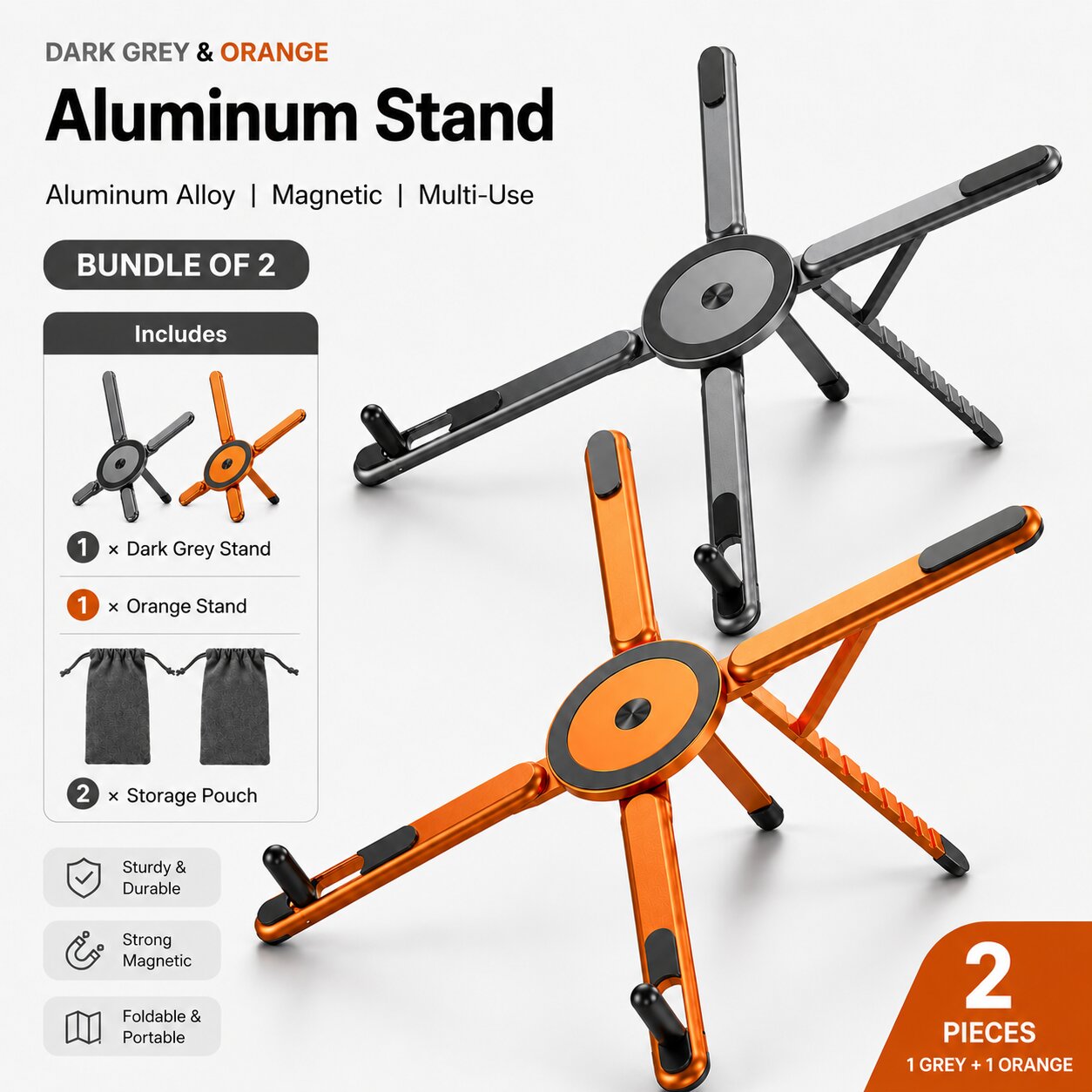 2 pack aluminum phone stand bundle featuring one dark grey stand and one orange stand with two storage pouches, magnetic foldable stand for phone, tablet and laptop use.