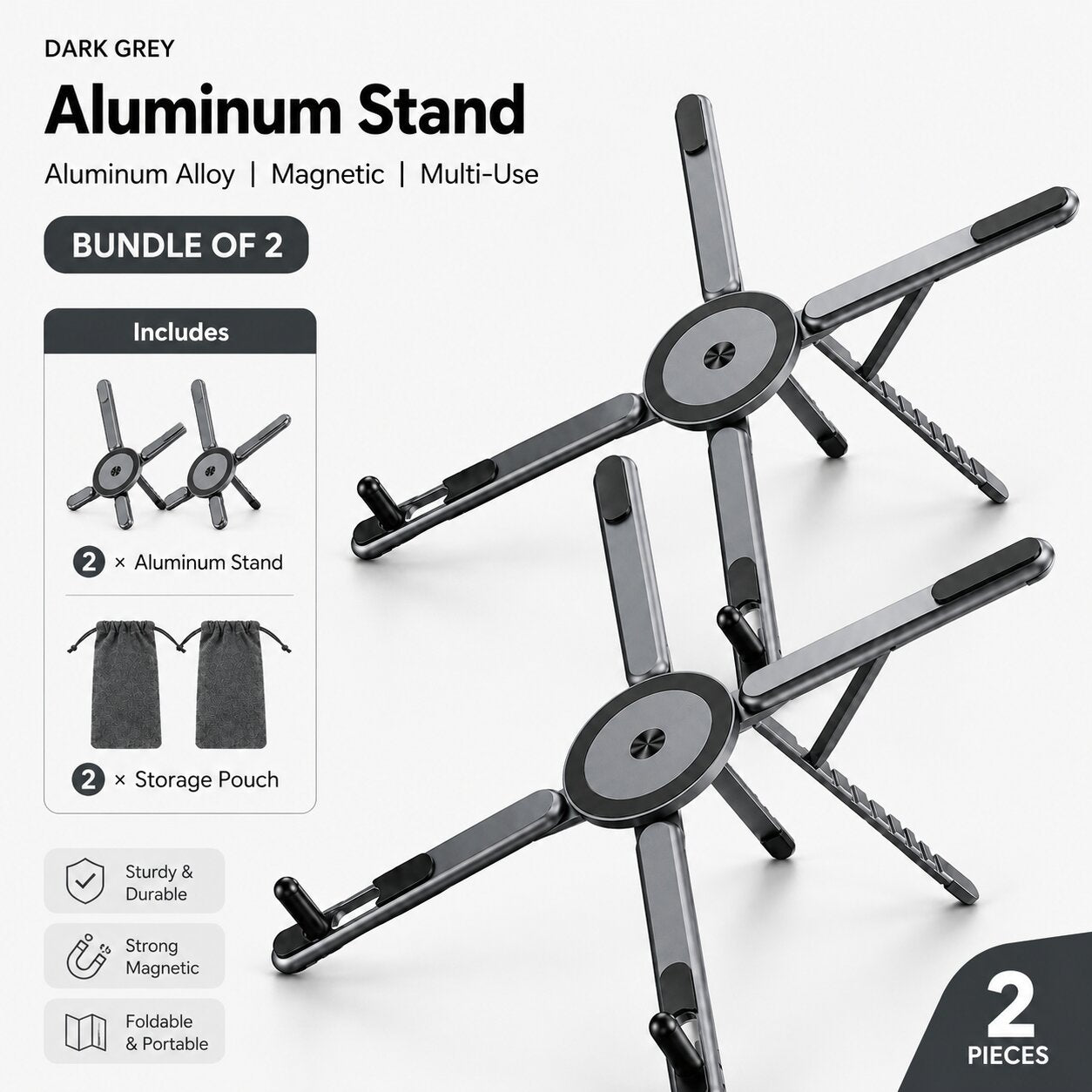 Two dark grey aluminum phone stands with two storage pouches, adjustable magnetic stand for phones, tablets and laptops, compact foldable desktop holder.