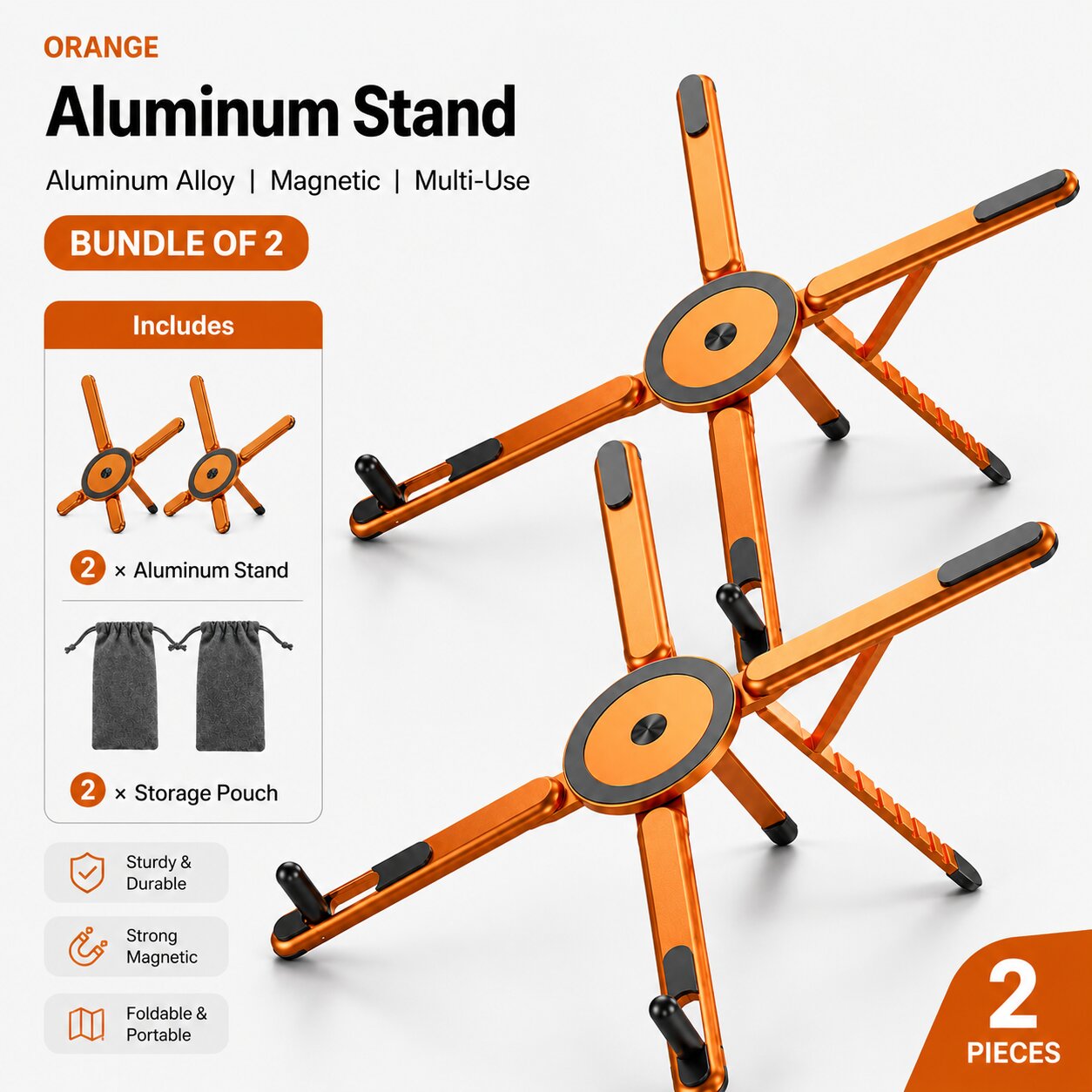 Two orange aluminum phone stands with two storage pouches, foldable magnetic stand for smartphones, tablets and laptops, portable travel-friendly design.