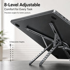 Adjustable aluminum laptop and tablet stand with 8 height levels for ergonomic viewing and comfortable posture.