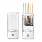 Automatic makeup brush cleaner in white shown empty and loaded with brushes