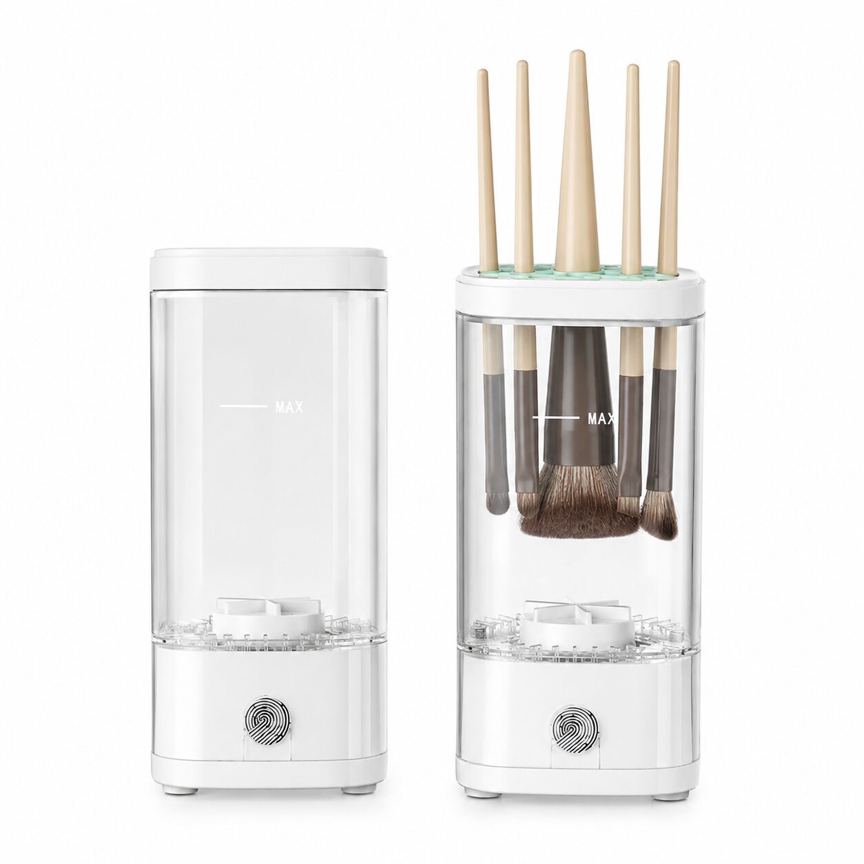 Automatic makeup brush cleaner in white shown empty and loaded with brushes
