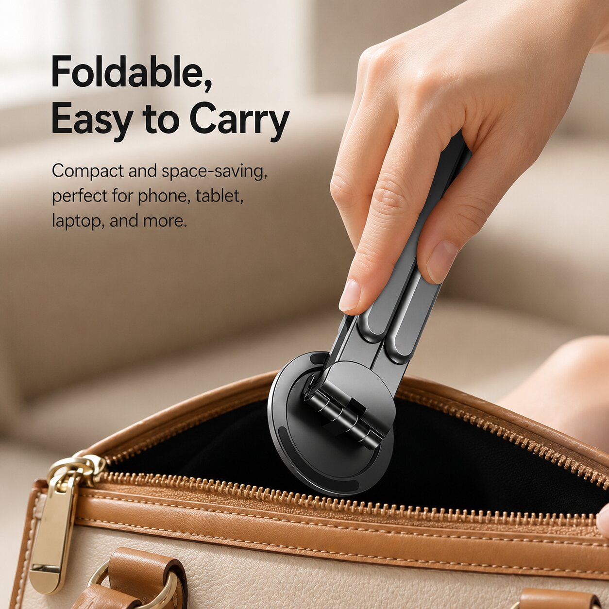 Compact foldable aluminum phone, tablet and laptop stand being stored inside a travel bag, showcasing portable space-saving design for everyday carry.