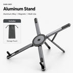 Dark grey aluminum alloy magnetic stand with storage pouch, adjustable holder for phone, tablet and laptop use.