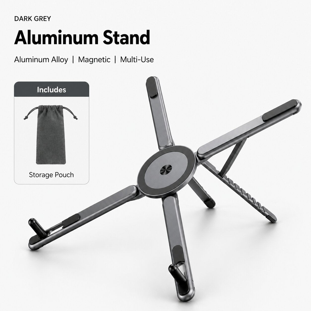Dark grey aluminum alloy magnetic stand with storage pouch, adjustable holder for phone, tablet and laptop use.