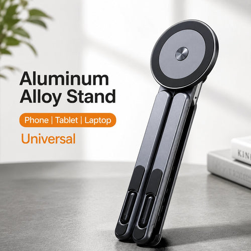 Dark grey foldable aluminum stand for phones, tablets and laptops, compact magnetic design, portable desk holder.