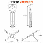 Technical dimension drawing of foldable aluminum device stand showing width, height, thickness and support measurements.