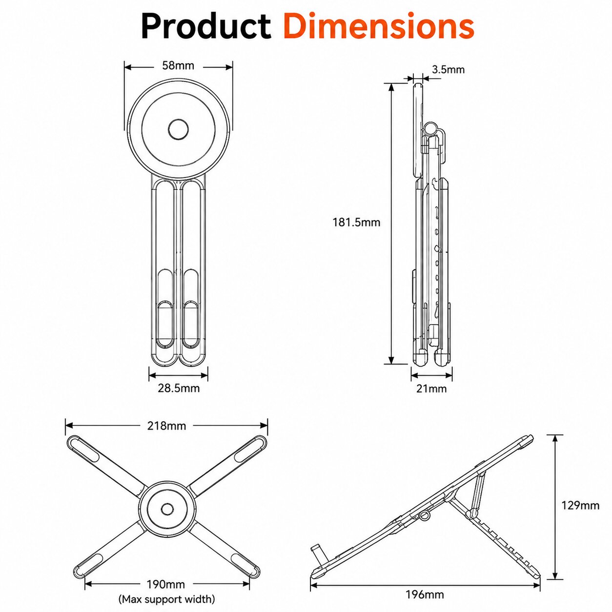 Technical dimension drawing of foldable aluminum device stand showing width, height, thickness and support measurements.