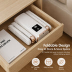 Foldable shoe dryer folded 90 degrees flat and stored inside a bedside drawer