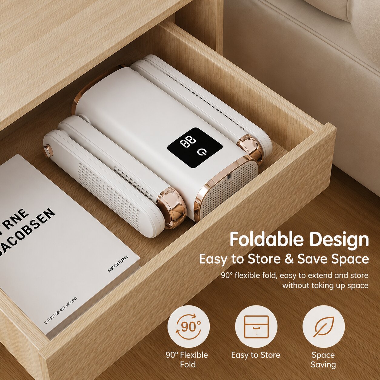 Foldable shoe dryer folded 90 degrees flat and stored inside a bedside drawer