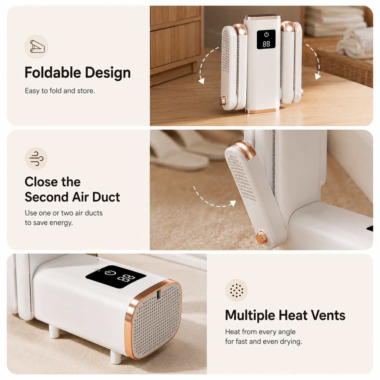 Foldable shoe dryer showing dual air ducts and multiple heat vents for even drying