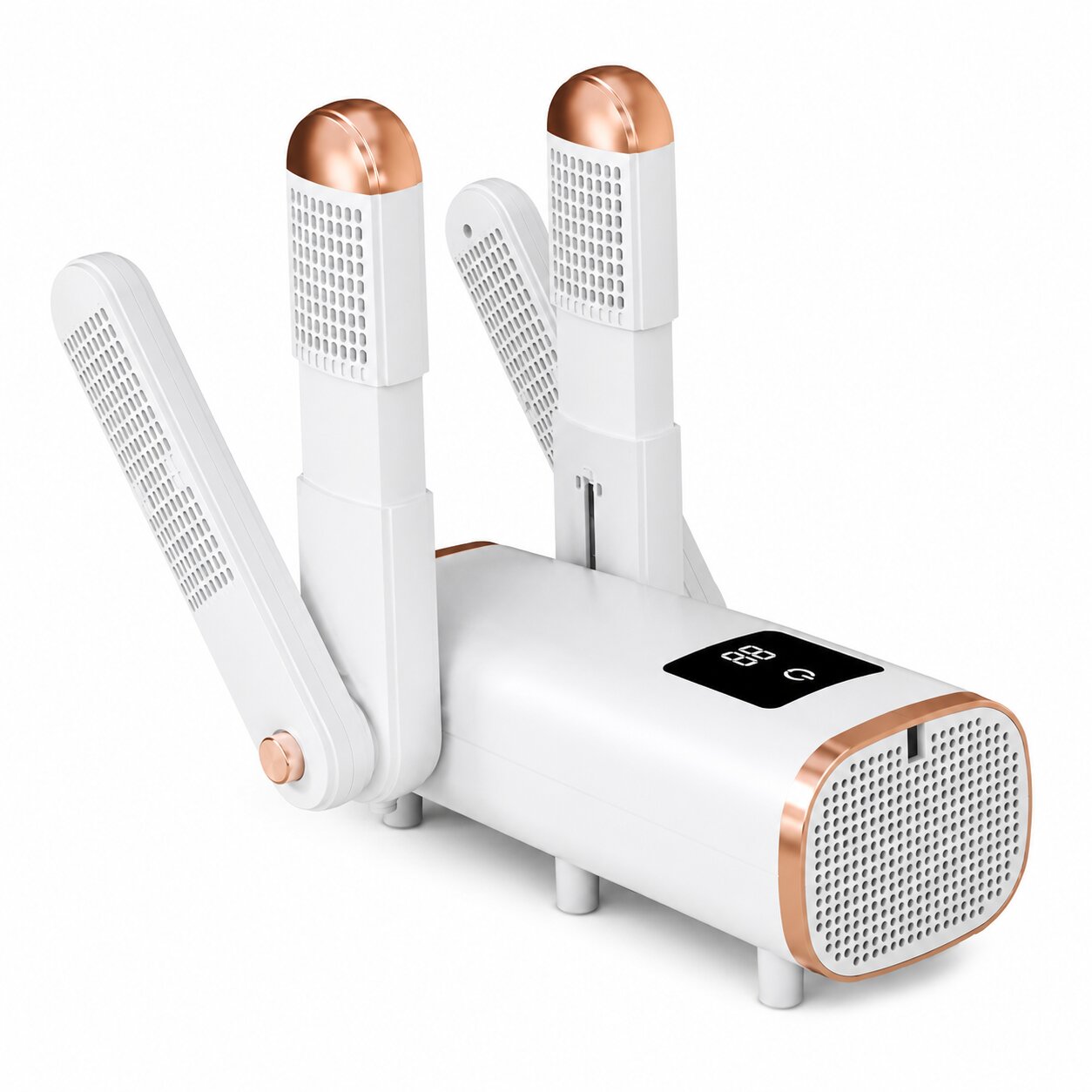 Foldable electric shoe dryer with extended telescopic arms and dual V-supports for two pairs