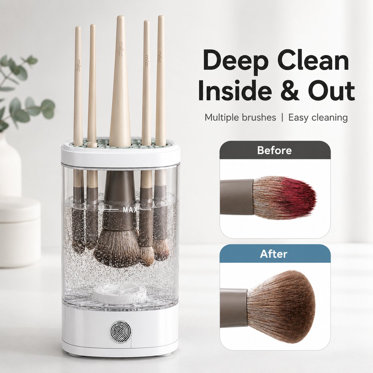 Makeup brush cleaner before and after results showing pigment removed from a dirty brush
