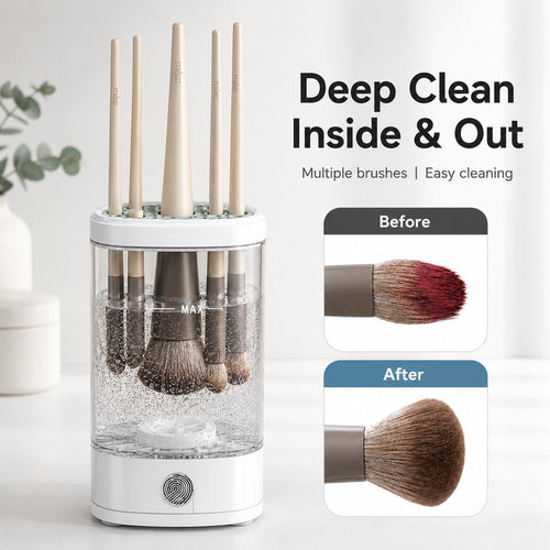 Makeup brush cleaner before and after results showing pigment removed from a dirty brush