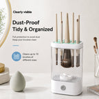 Dust-proof makeup brush cleaner holding up to 10 brushes of different sizes on a vanity