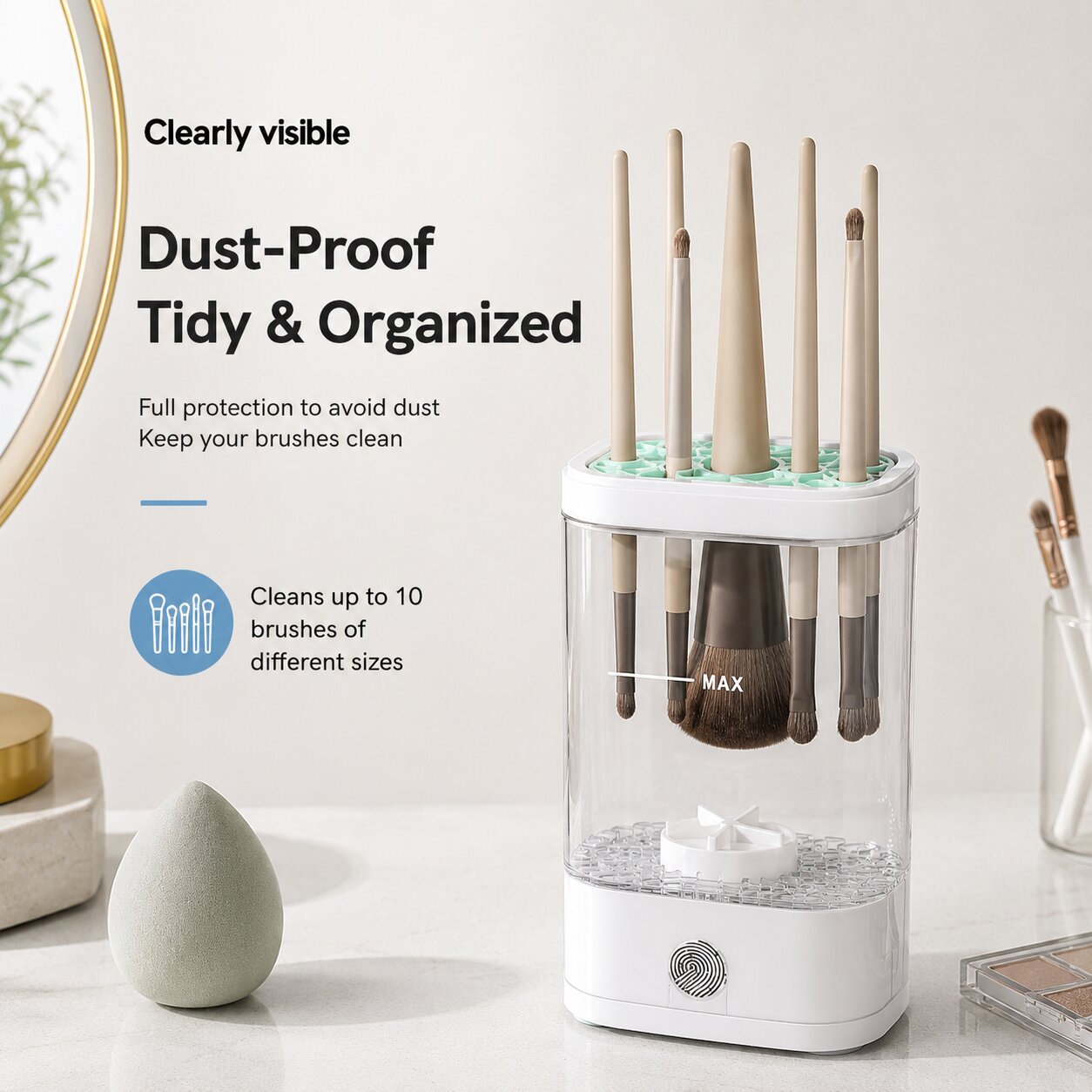 Dust-proof makeup brush cleaner holding up to 10 brushes of different sizes on a vanity