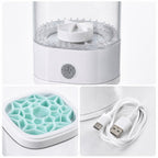 Makeup brush cleaner detail showing spinning base, mint silicone drying lid and USB-C cable