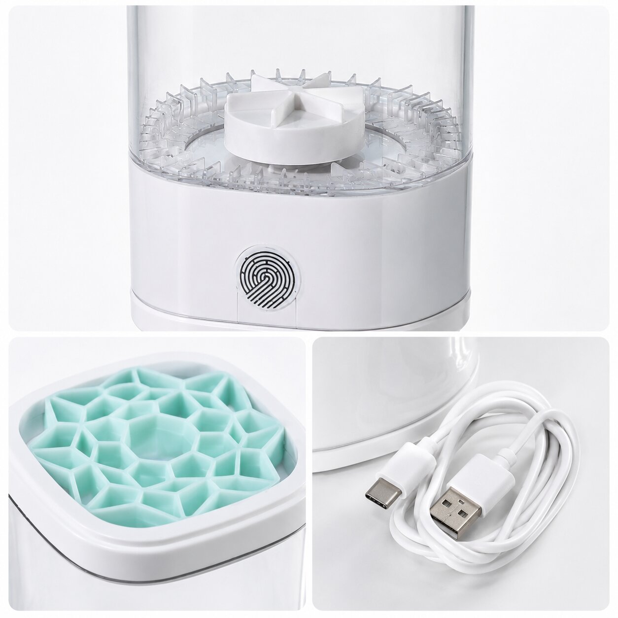 Makeup brush cleaner detail showing spinning base, mint silicone drying lid and USB-C cable
