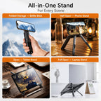 Portable foldable aluminum stand for phones, tablets and laptops, compact travel-friendly design with magnetic support.