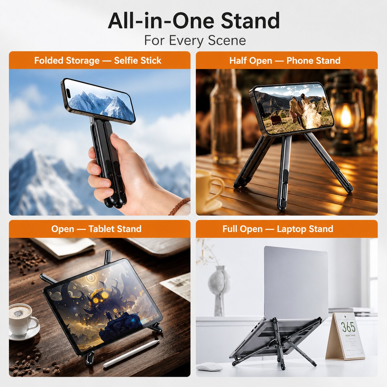 Portable foldable aluminum stand for phones, tablets and laptops, compact travel-friendly design with magnetic support.