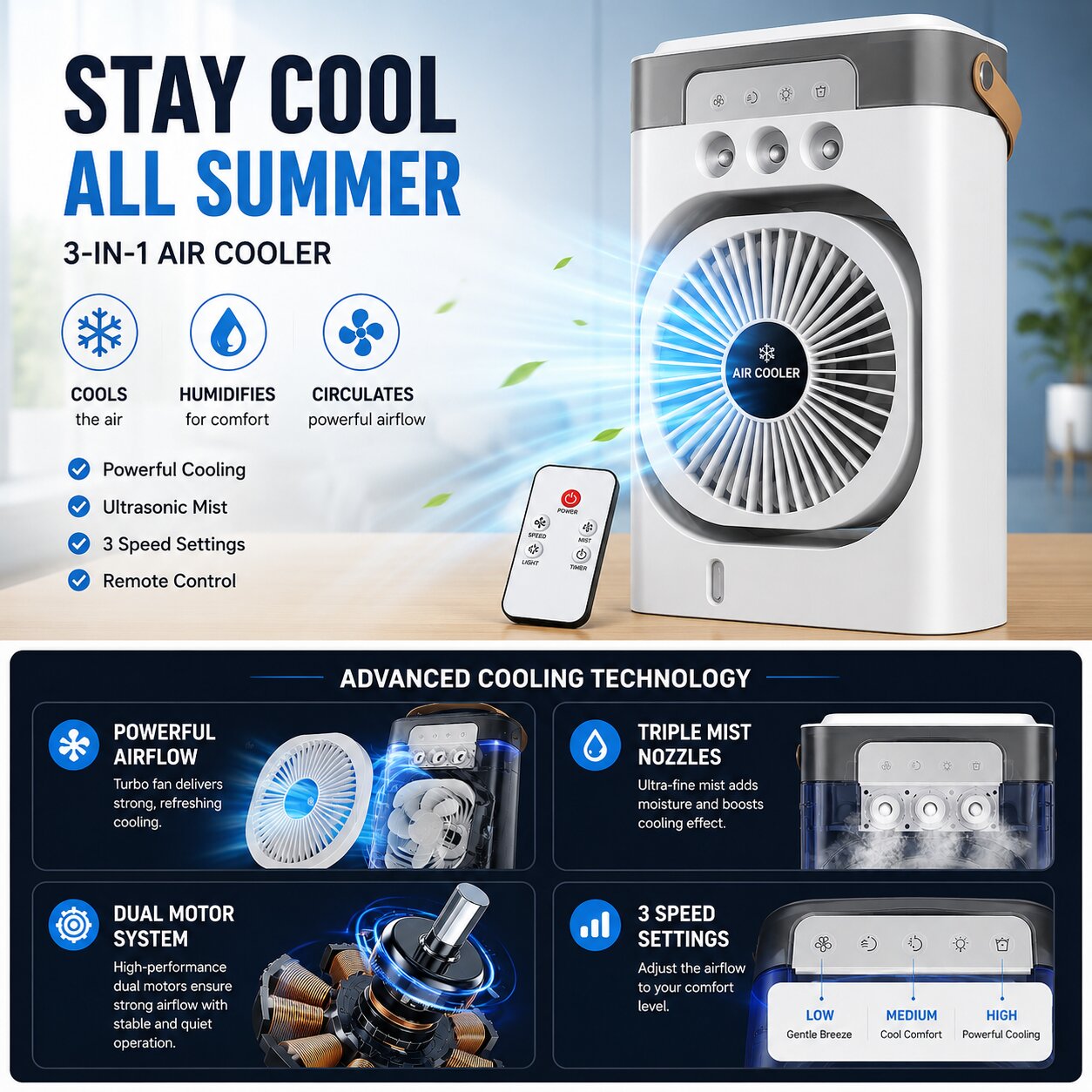 Nestora 3-in-1 portable air cooler humidifier fan – compact desk cooling fan with remote EU plug