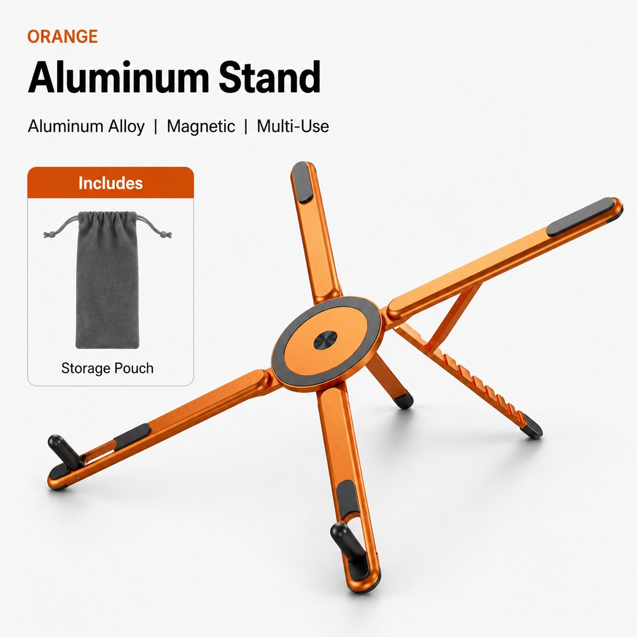 Orange aluminum alloy magnetic stand with storage pouch, lightweight adjustable holder for phones, tablets and laptops.