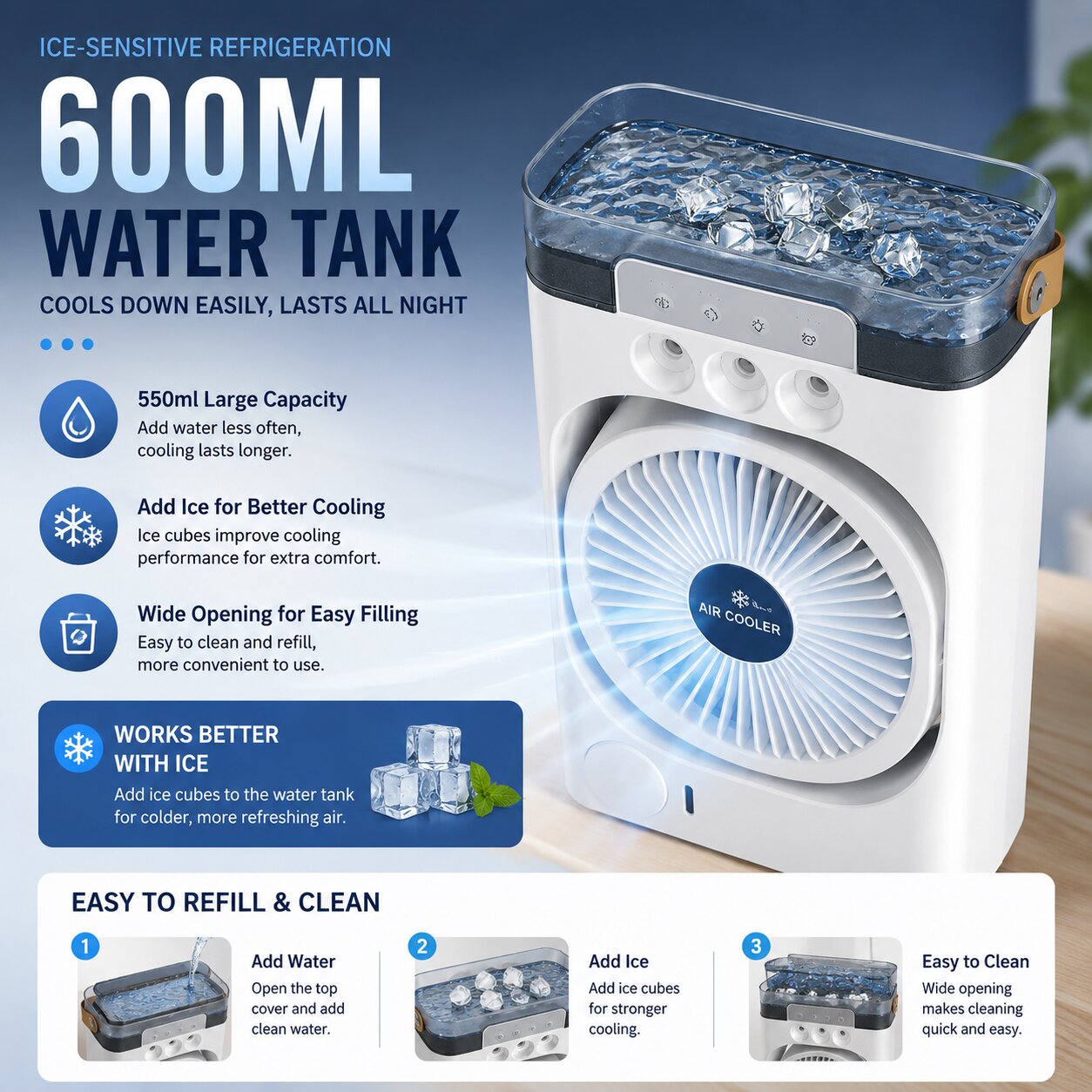 Nestora portable air cooler with 600ml water tank and ice cooling – rechargeable mist fan EU