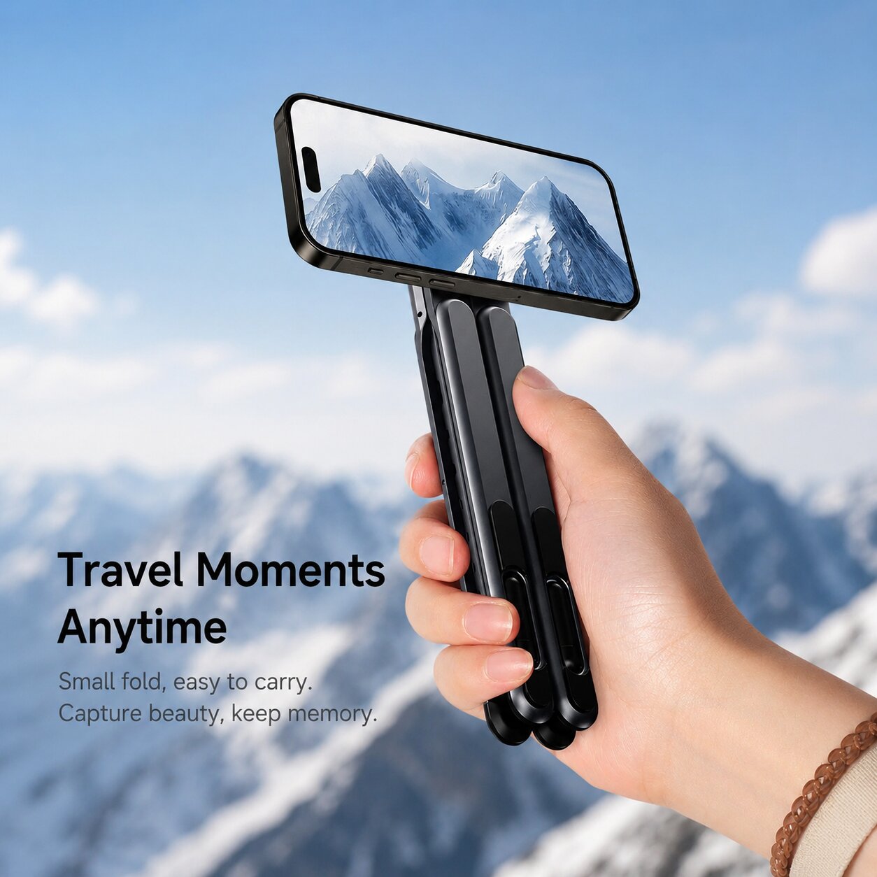 Portable foldable aluminum phone stand used as a selfie stick during travel, allowing users to capture photos and videos while exploring outdoor destinations.