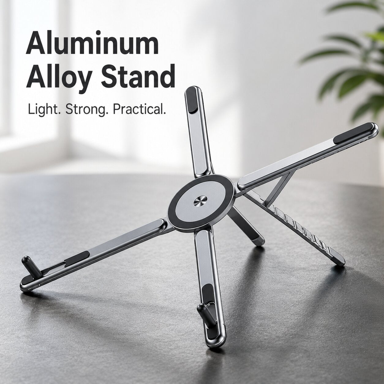 Premium aluminum alloy device stand with lightweight durable construction for phones, tablets and laptops.