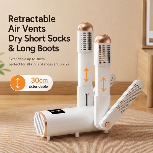 Electric shoe dryer with retractable arms extending up to 30cm for tall boots and short socks