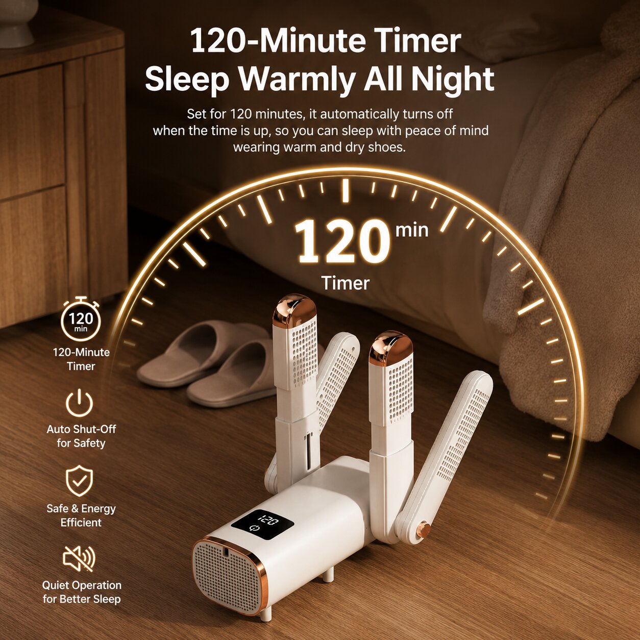 Shoe dryer 120 minute timer with automatic shut-off and quiet overnight operation