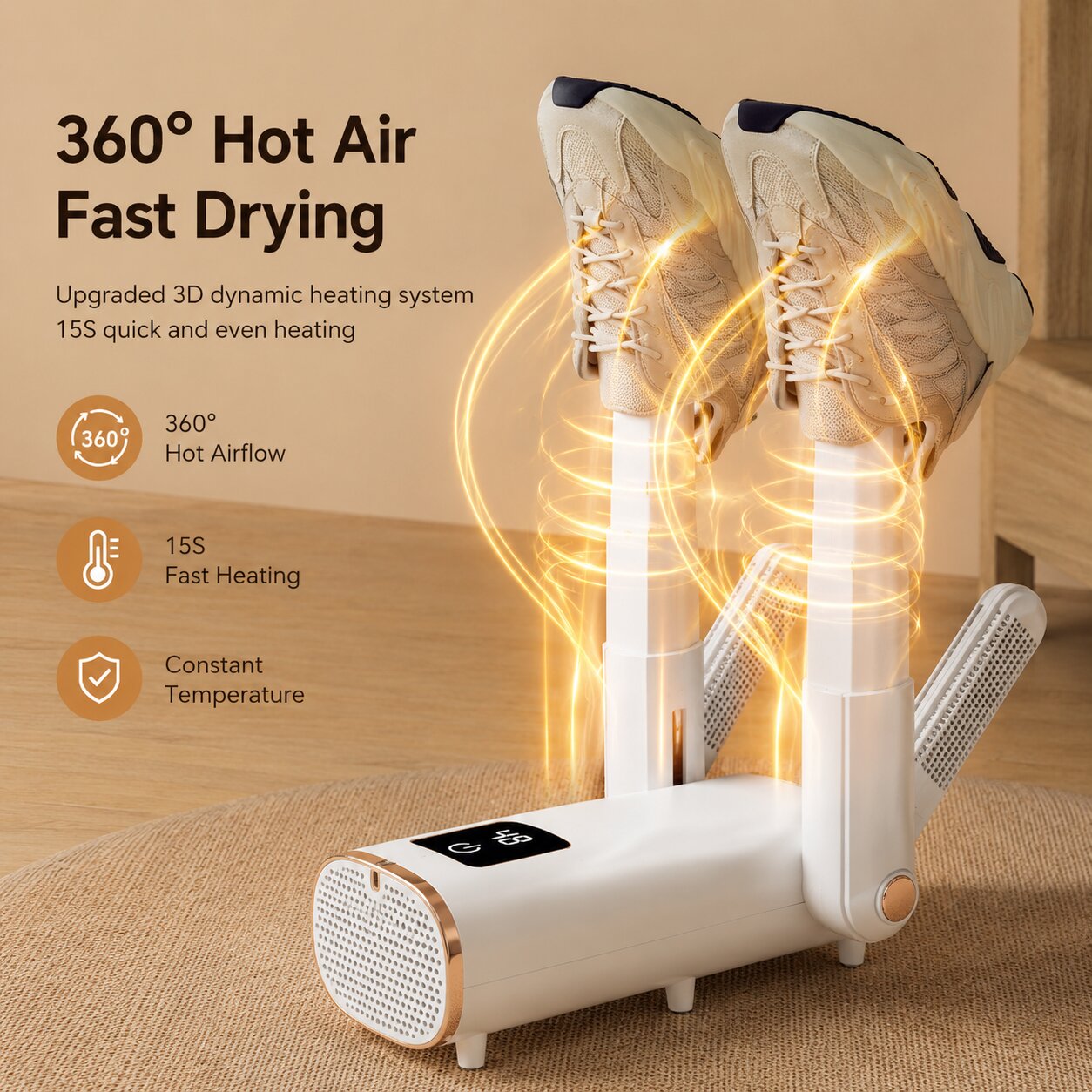 Shoe dryer with 360 degree hot air circulation and 15 second fast heating drying trainers